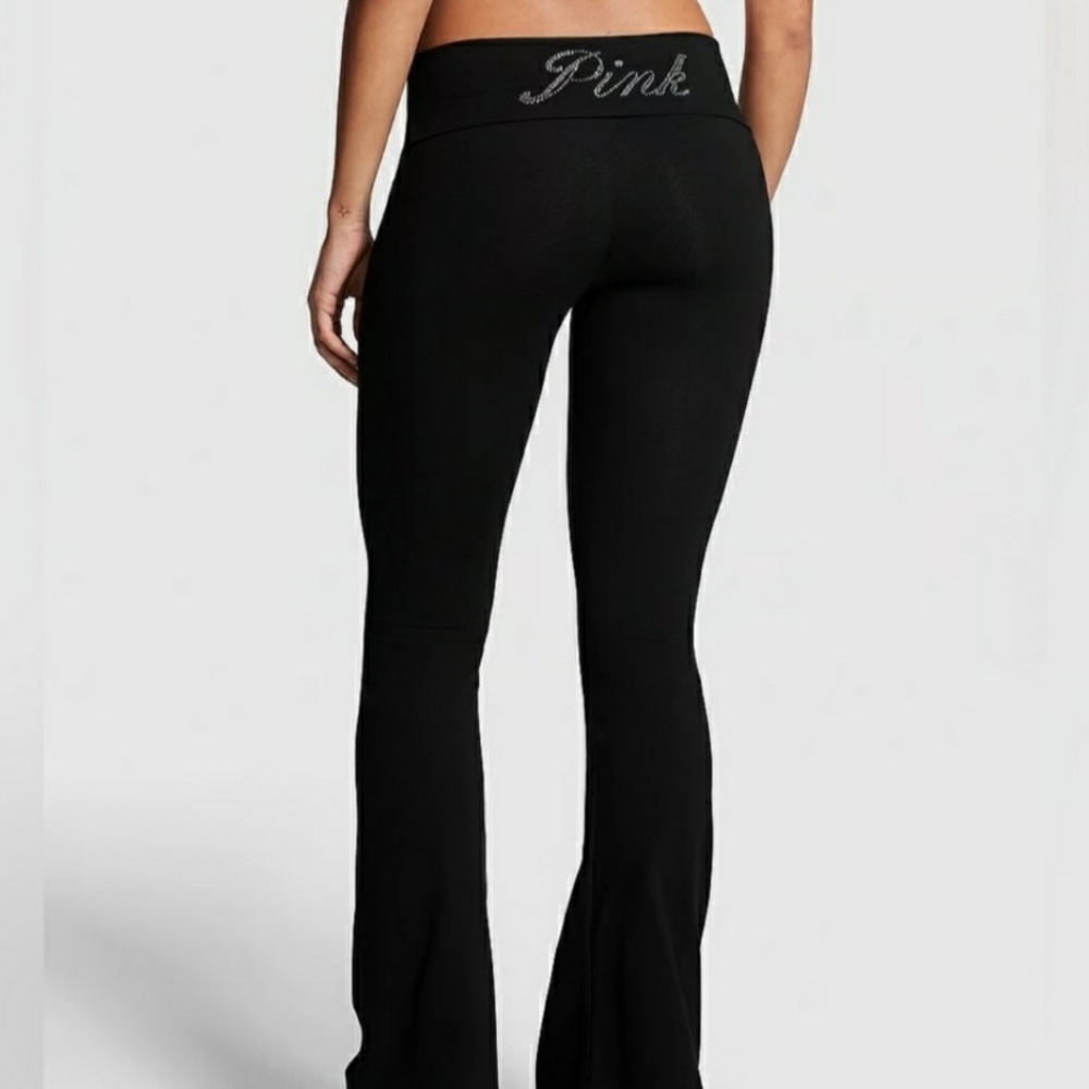 PINK Victoria's Secret Black Flared Boot Cut YOGA PANTS WITH BLING ON THE WAIST